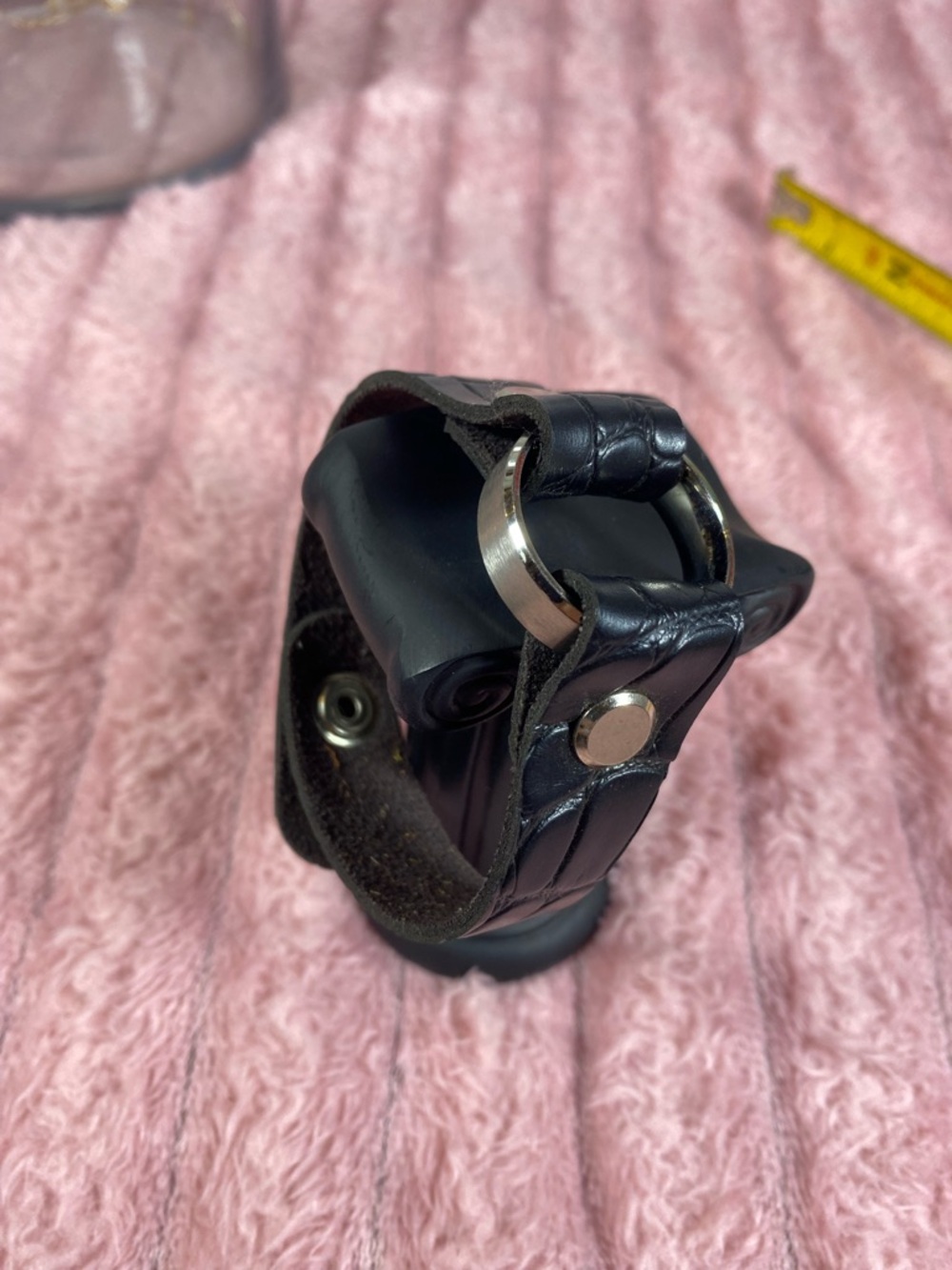 Handcrafted Black Leather Ring-Accent Men's Cuff Bracelet